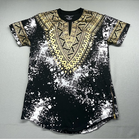 SCREENSHOT Womens Top Shirt XL X-Large Black Gold White Splatter Short Sleeve - Picture 2 of 11